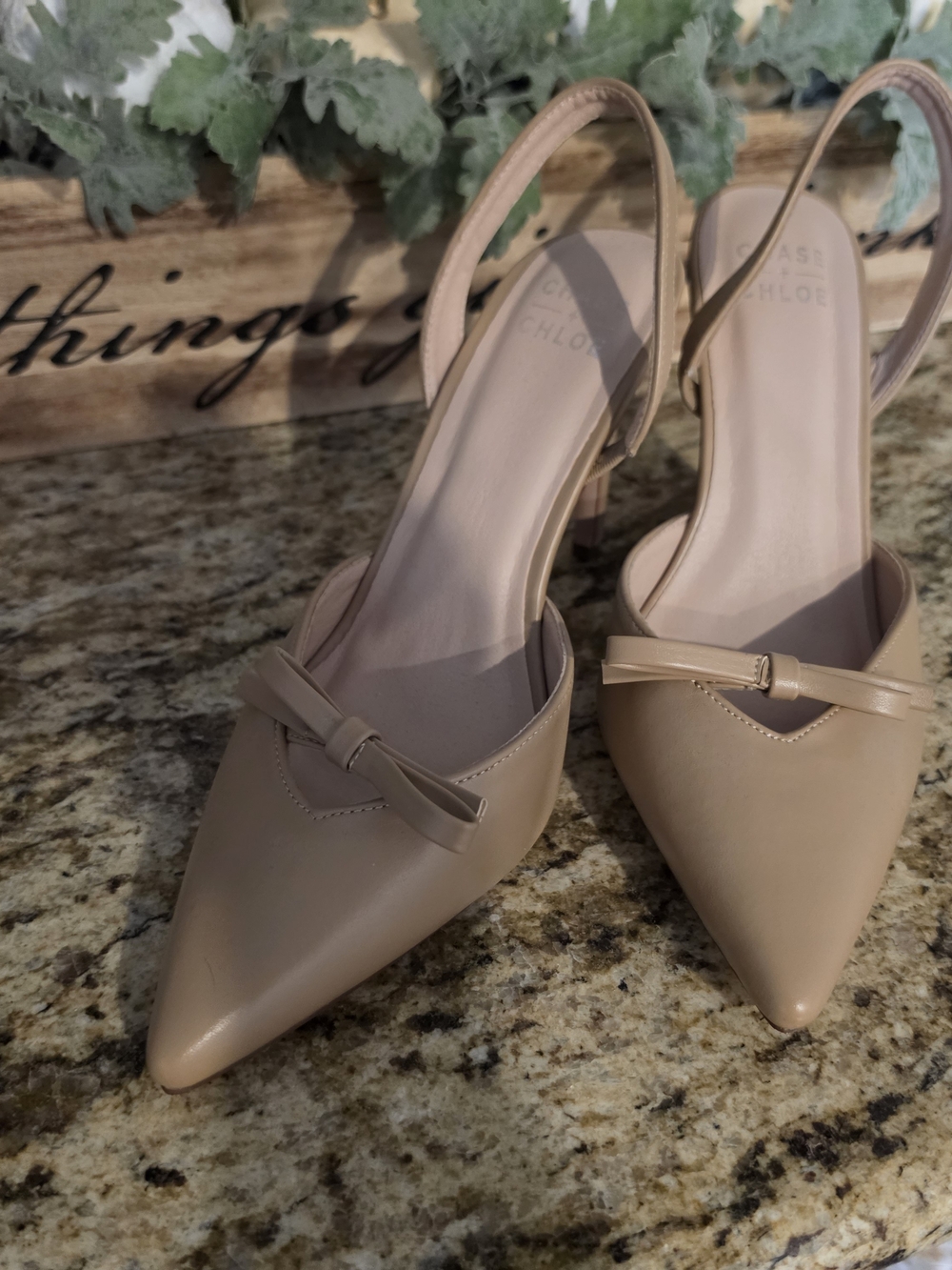 Chase And Chloe Women's Pointed Toe Slingback Heels in Nude Beige